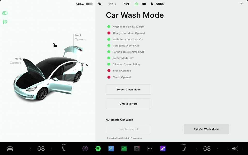 voyant d'avertissement du mode de lavage de voiture tesla