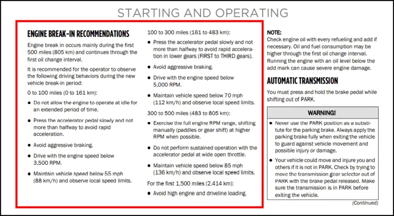 Auszug aus der Bedienungsanleitung zur Einfahrprozedur