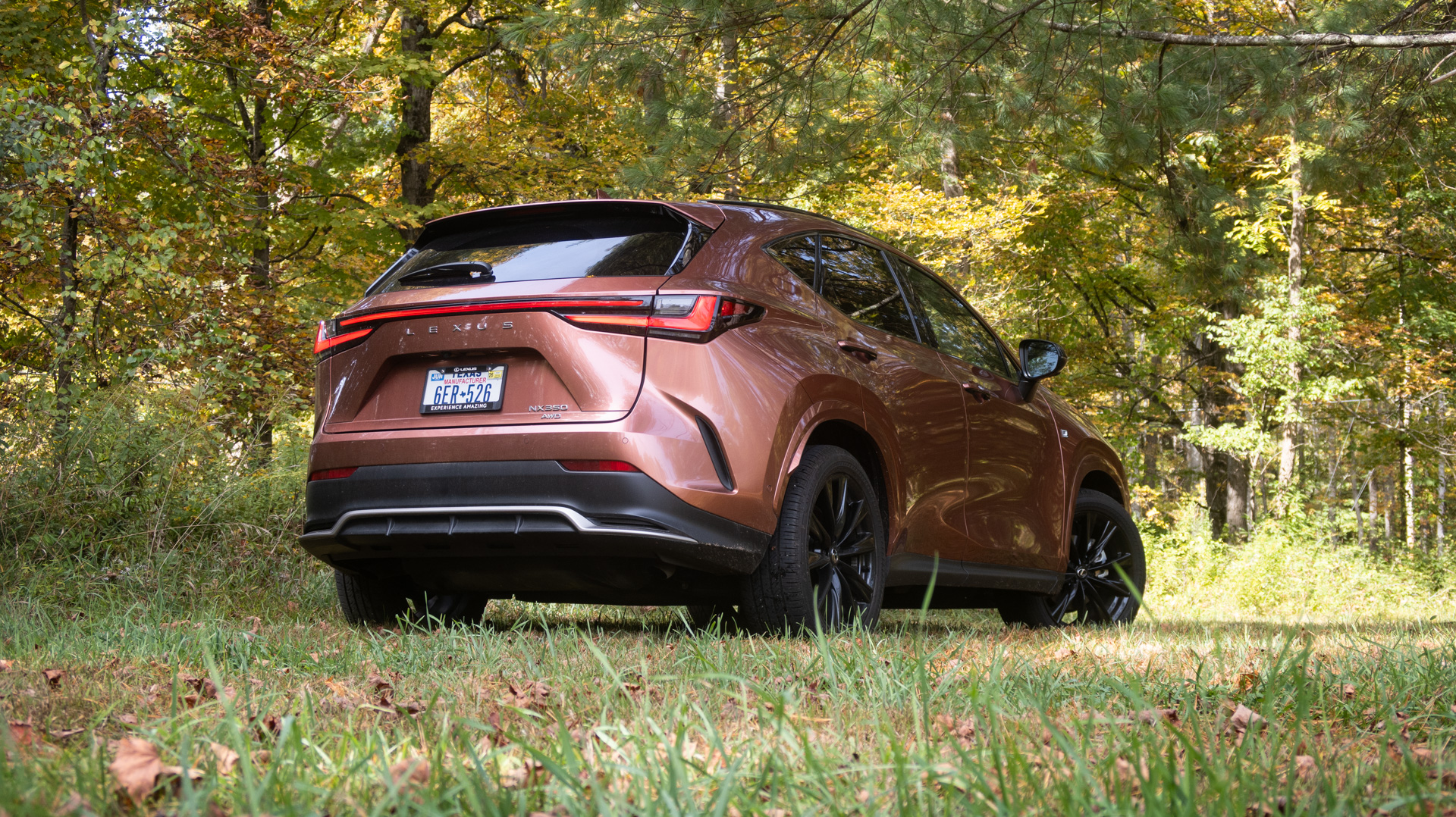 Lexus NX 350 F Sport vue de trois quarts arrière.